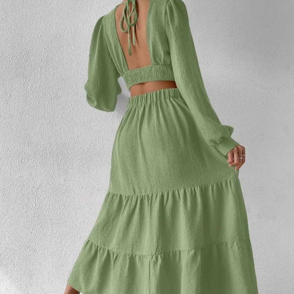Cut Out Waist Lantern Sleeve Ruffle Hem green Dress maxi - Picture 2 of 5